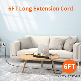 Plug'n 45-degree flat plug saves space behind furniture while keeping outlets accessible.