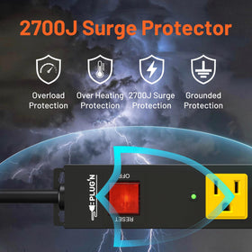 Plug'n power strip with 90-degree flat plug saves space behind furniture and appliances.