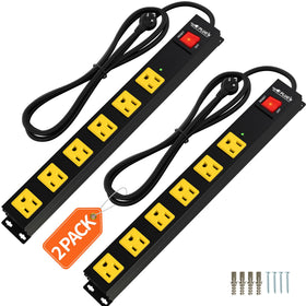 Plug'n front view of 6-outlet strip showing ports and power switch, clear organization benefit