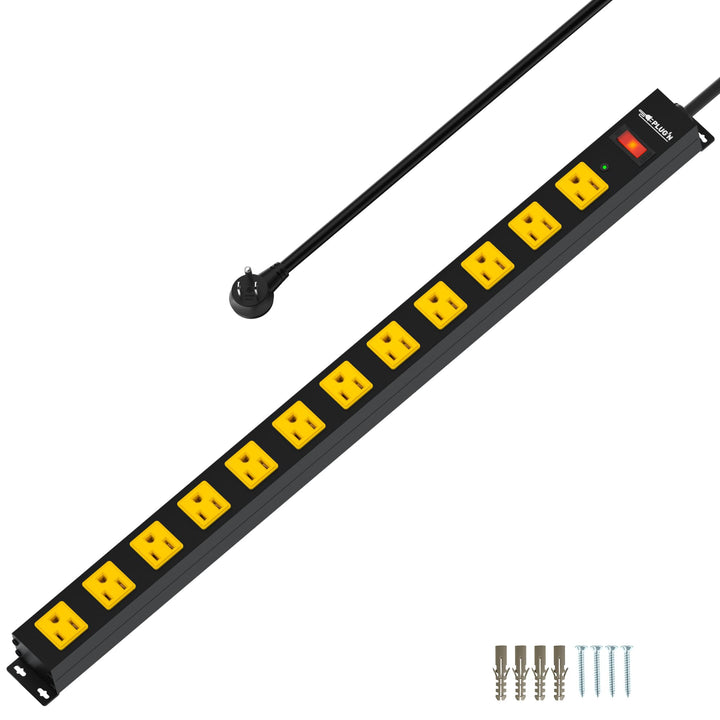 Plug'n front view of 12-outlet strip showing wide layout and durable casing for organized power