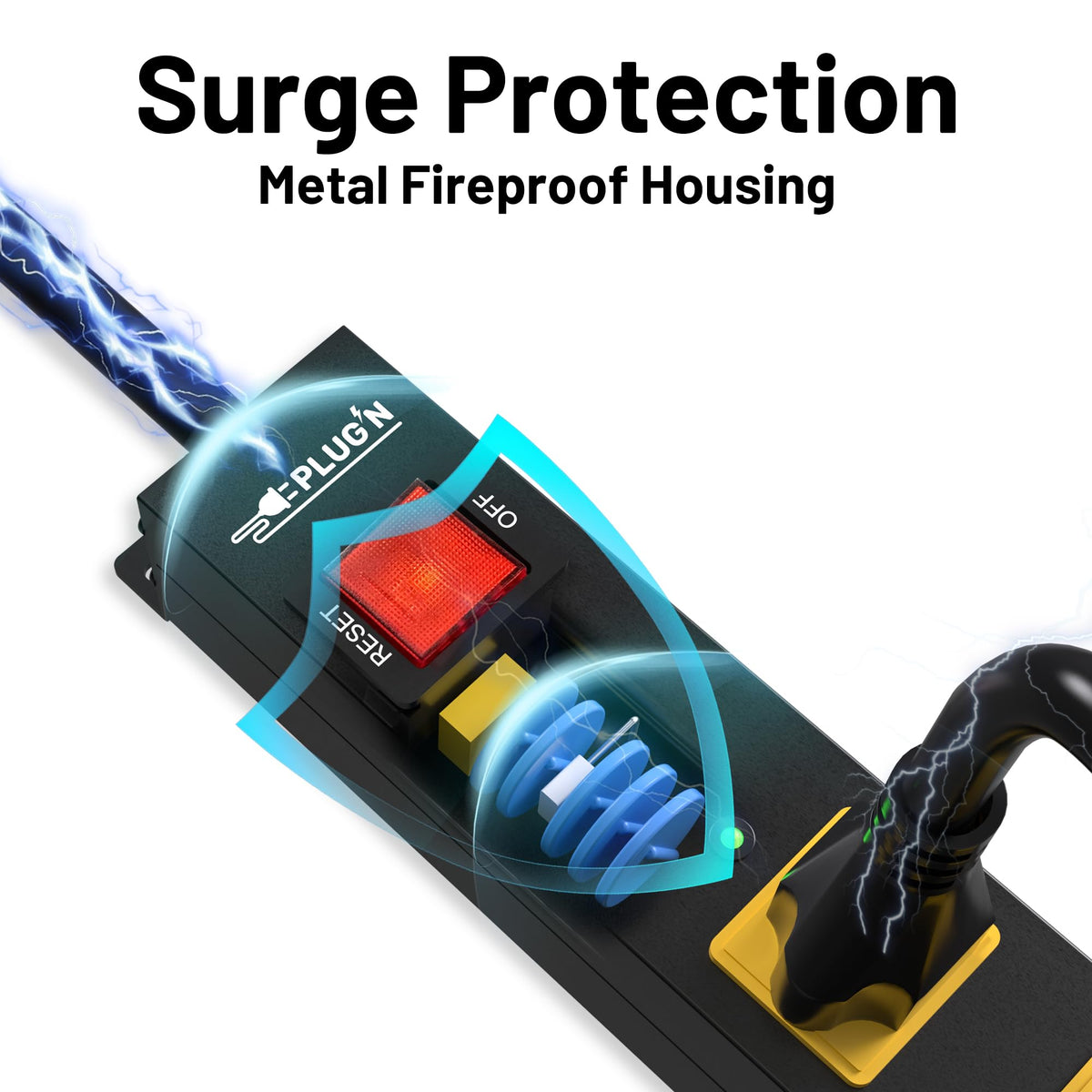 Plug'n power strip ideal for kitchen, garage, and workspace setups with safe power distribution.