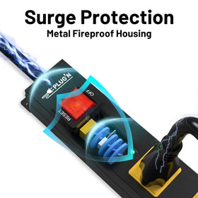 Plug'n power strip ideal for kitchen, garage, and workspace setups with safe power distribution.