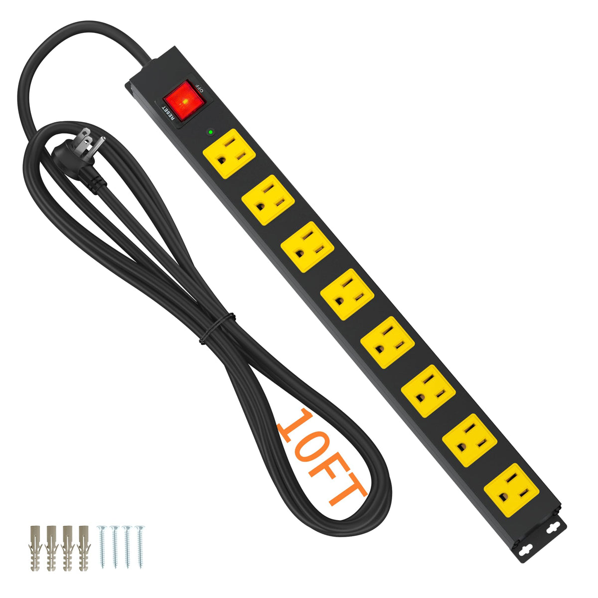Plug'n front view showing eight outlets and surge switch for safe multi-device power