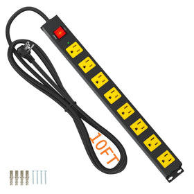 Plug'n front view showing eight outlets and surge switch for safe multi-device power