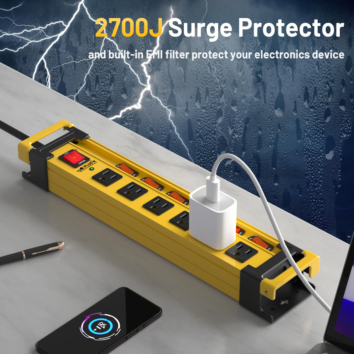 Plug'n surge protector in metal housing helps protect devices from spikes.