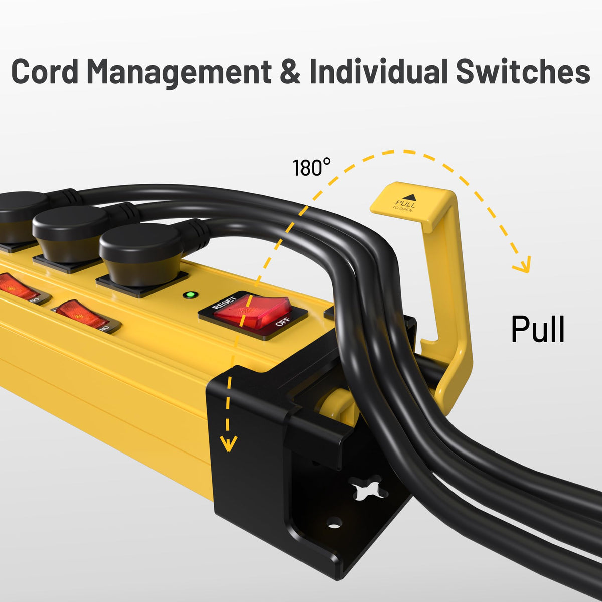 Plug'n wall-mountable strip with cord manager keeps workspace tidy.