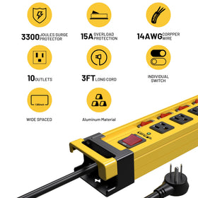 Plug'n wall-mount long power strip shown under a shelf with organized cables