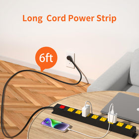 Plug'n top view of wide spaced outlets accommodating bulky chargers for easier plug access