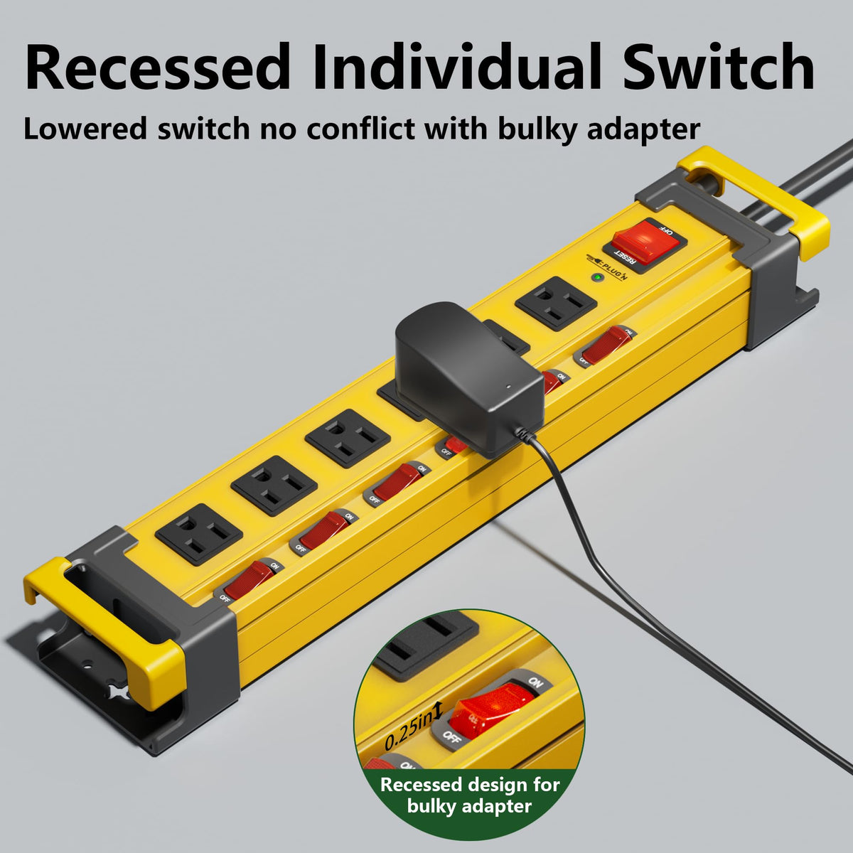 Plug'n installed on a garage workbench powering tools and maintaining tidy cords