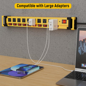 Plug'n on workbench powering tools illustrating heavy-duty use and reliable protection
