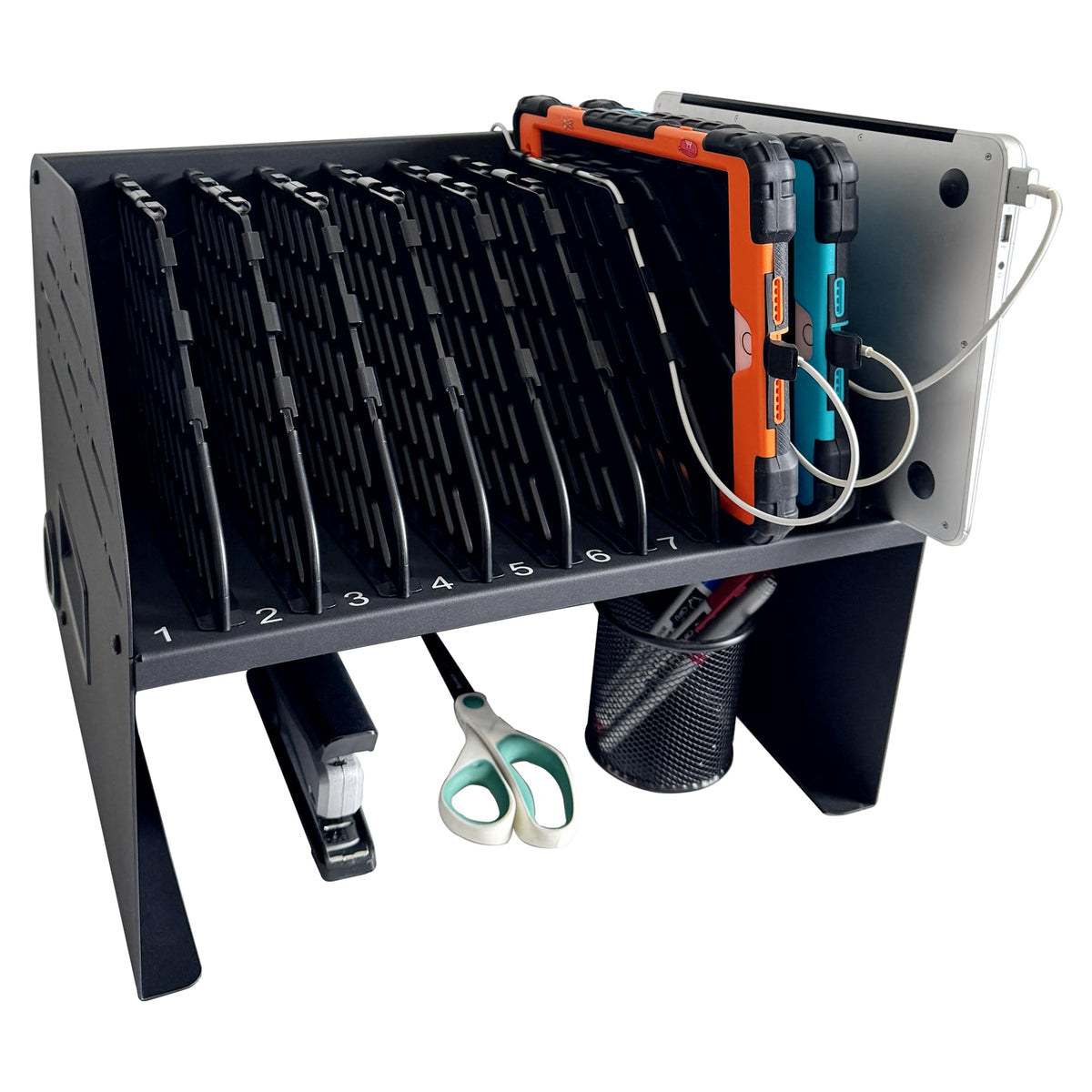 Plugsharge 10-device station powers laptops and tablets in a classroom.