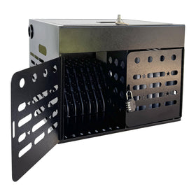 Plugsharge 16-device cabinet front view demonstrates compact, organized charging for classrooms.