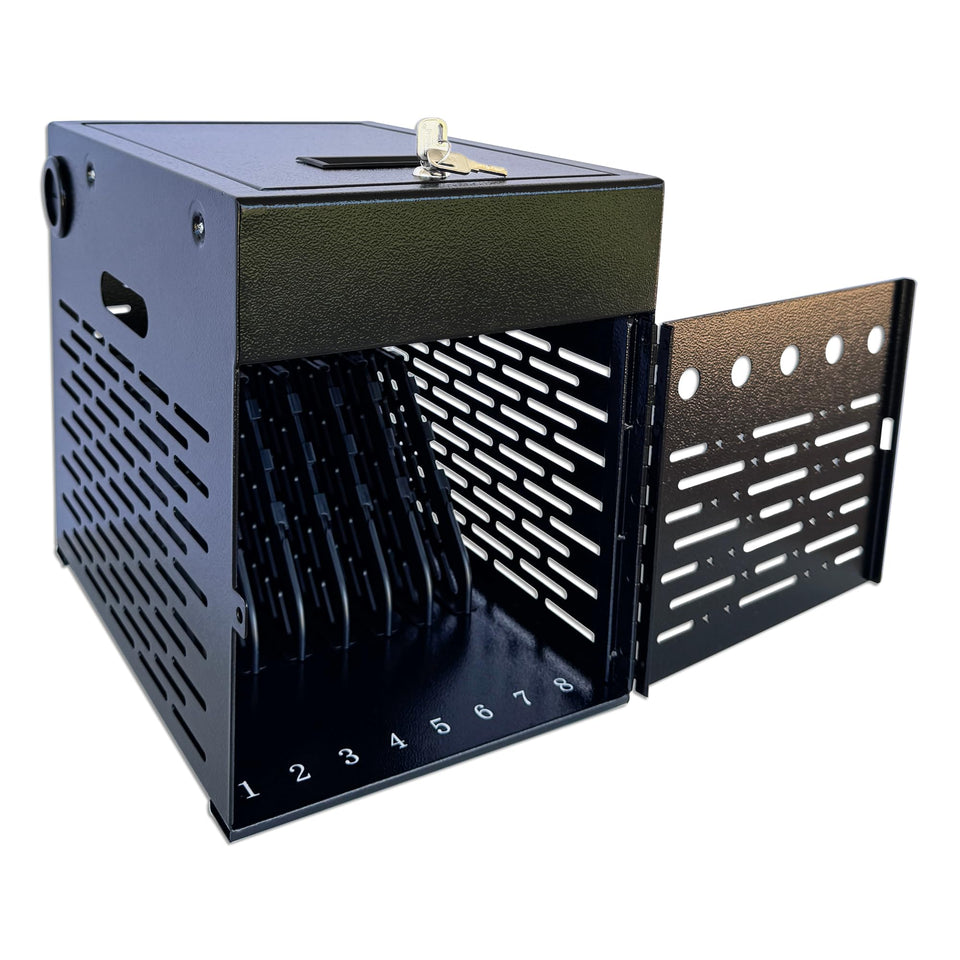 Plugsharge 8-device charging cabinet front view securely stores laptops and tablets.