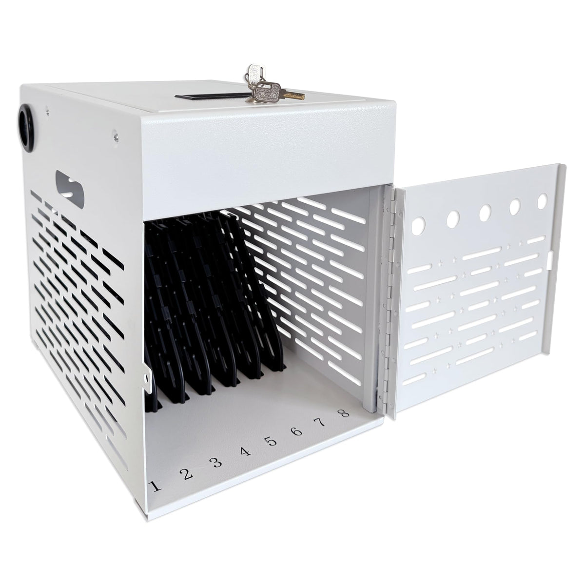 Plugsharge 8-device charging cabinet securely stores and charges laptops and tablets.