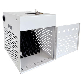Plugsharge 8-device charging cabinet securely stores and charges laptops and tablets.