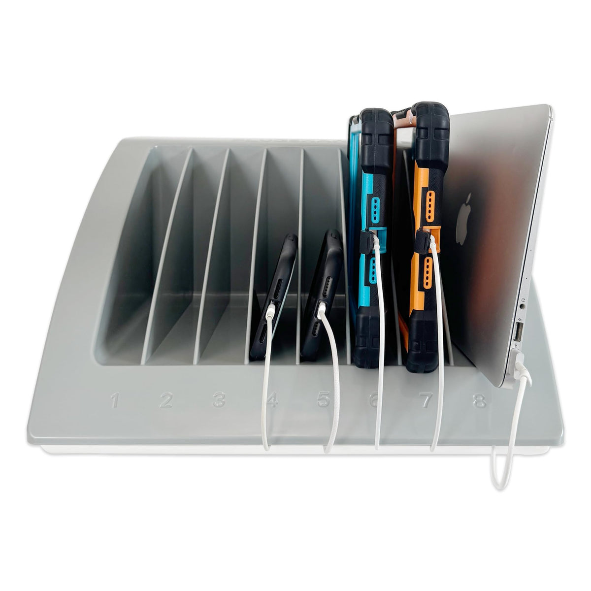 Plugsharge classroom-use setup highlights labeled slots for quick device distribution.