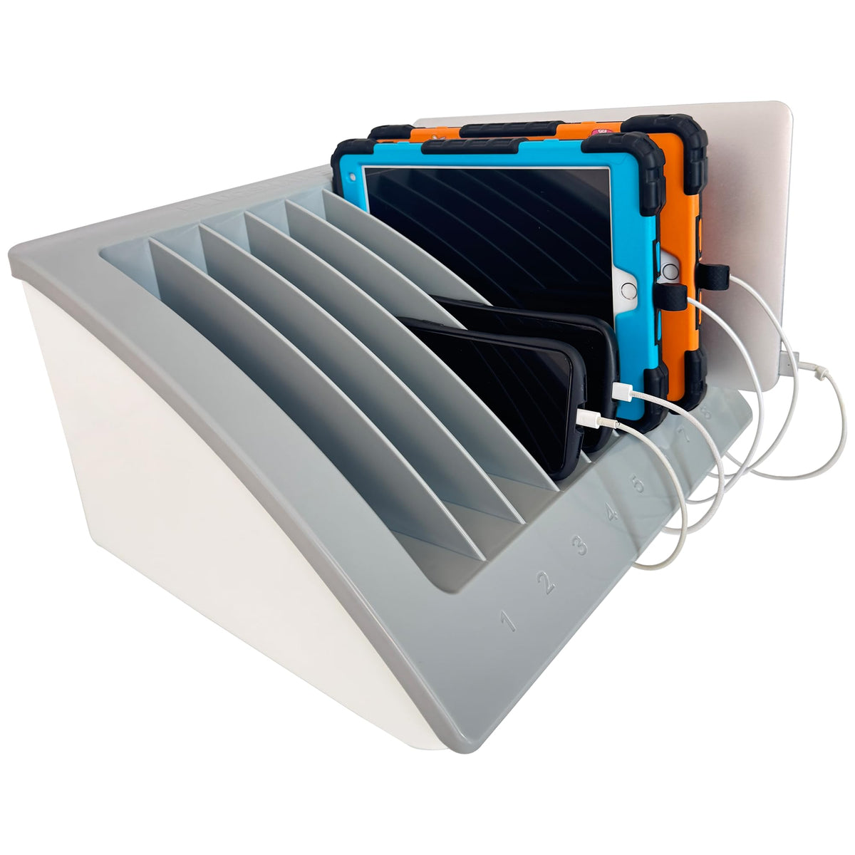 Plugsharge 8-device charging station front view; keeps devices organized for easy classroom charging.