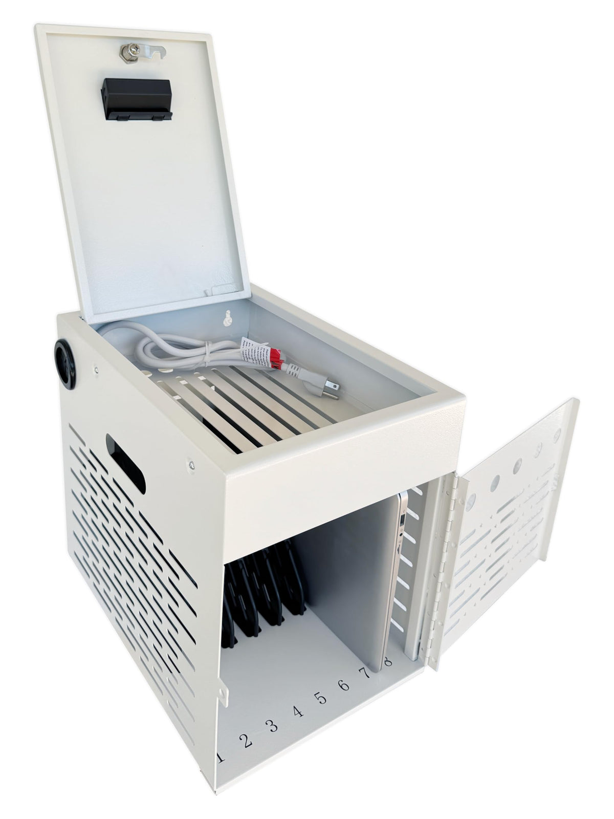 Plugsharge compact design saves counter space while storing eight devices.