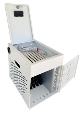 Plugsharge compact design saves counter space while storing eight devices.
