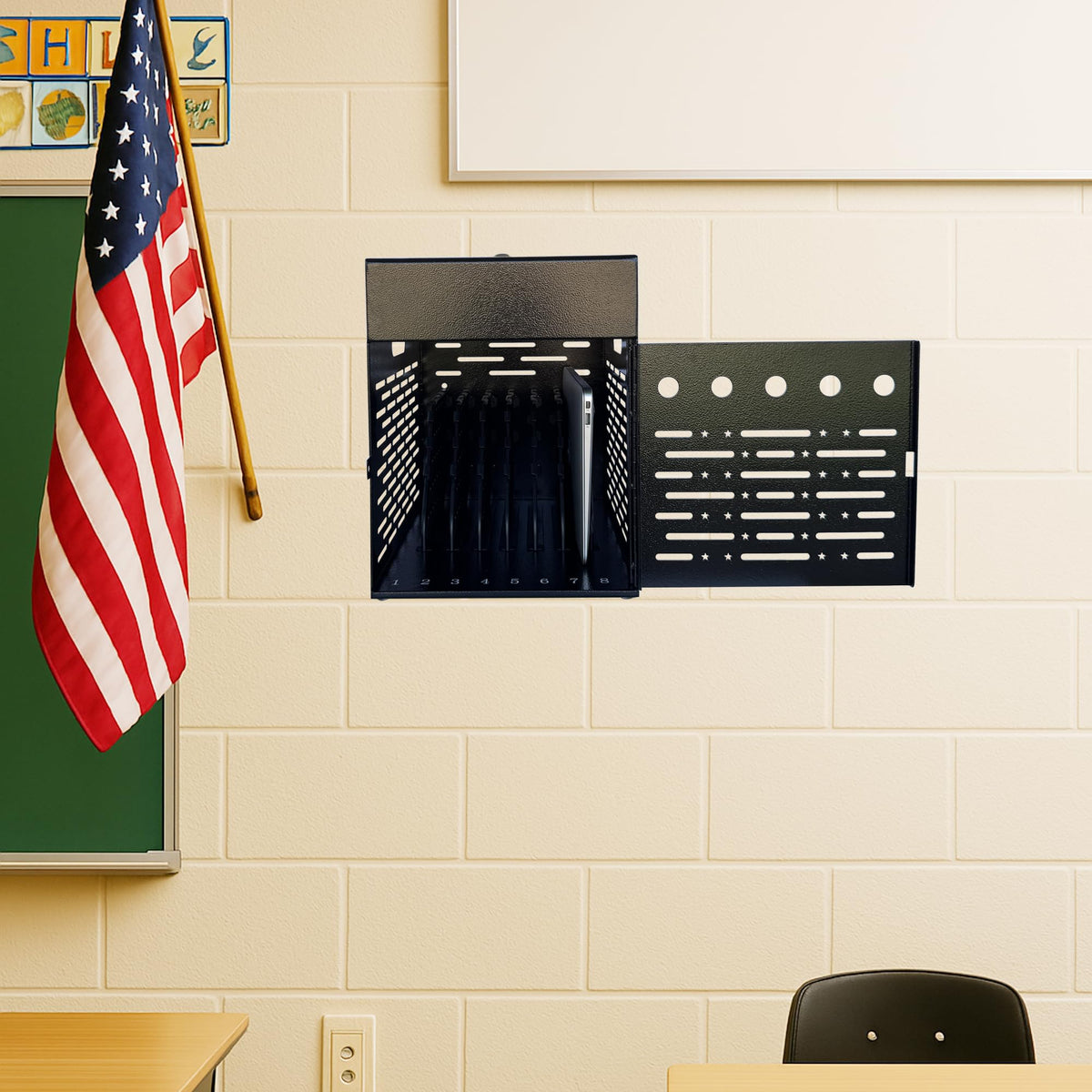 Plugsharge lockable door closeup highlights classroom device security.
