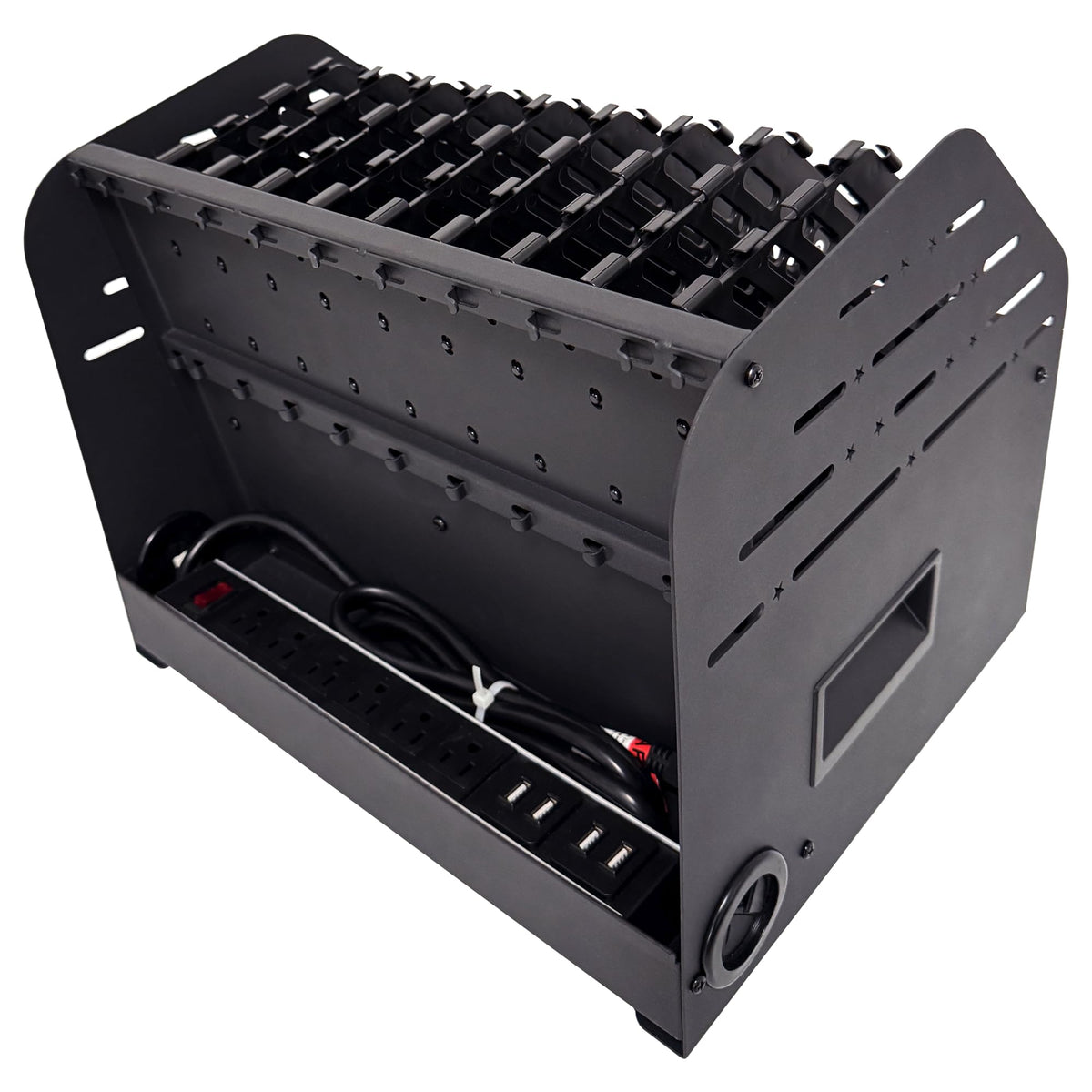 Plugsharge compact vertical rack saves countertop and desk space.