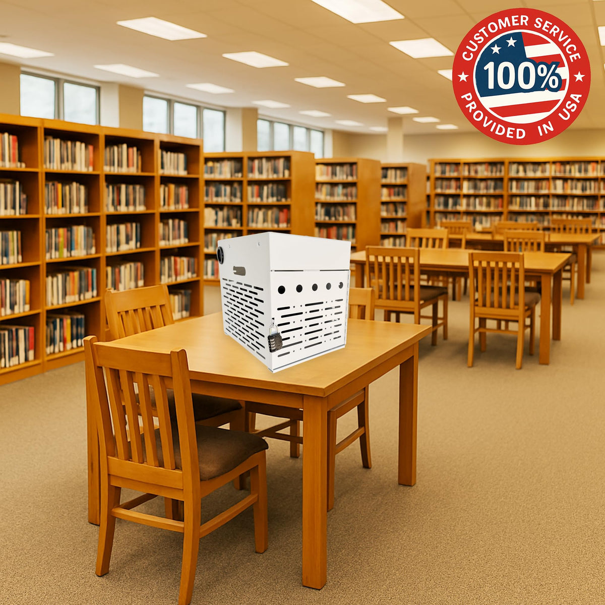 Plugsharge white finish cabinet blends with modern spaces while protecting devices.