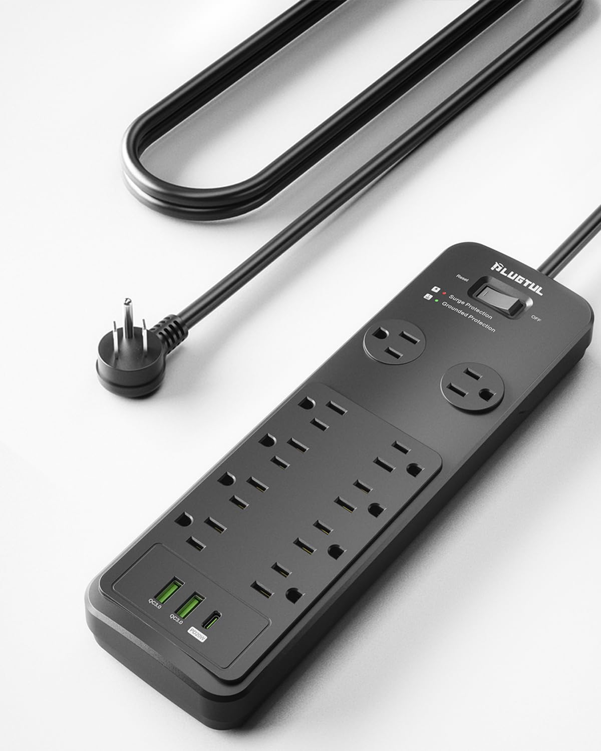PLUGTUL front view showing ten outlets and USB ports for versatile charging