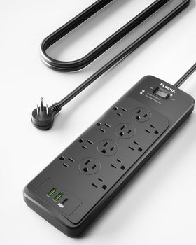 PLUGTUL front view showing 12 outlets and USB ports, organized power access