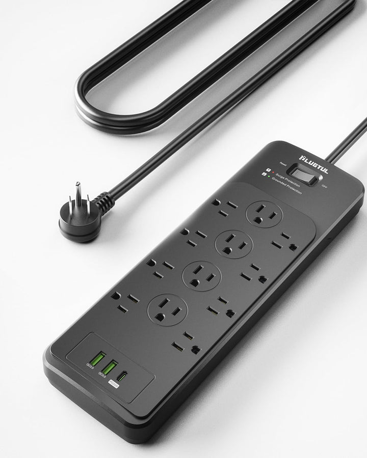 PLUGTUL front view showing 12 outlets and long cord for versatile power