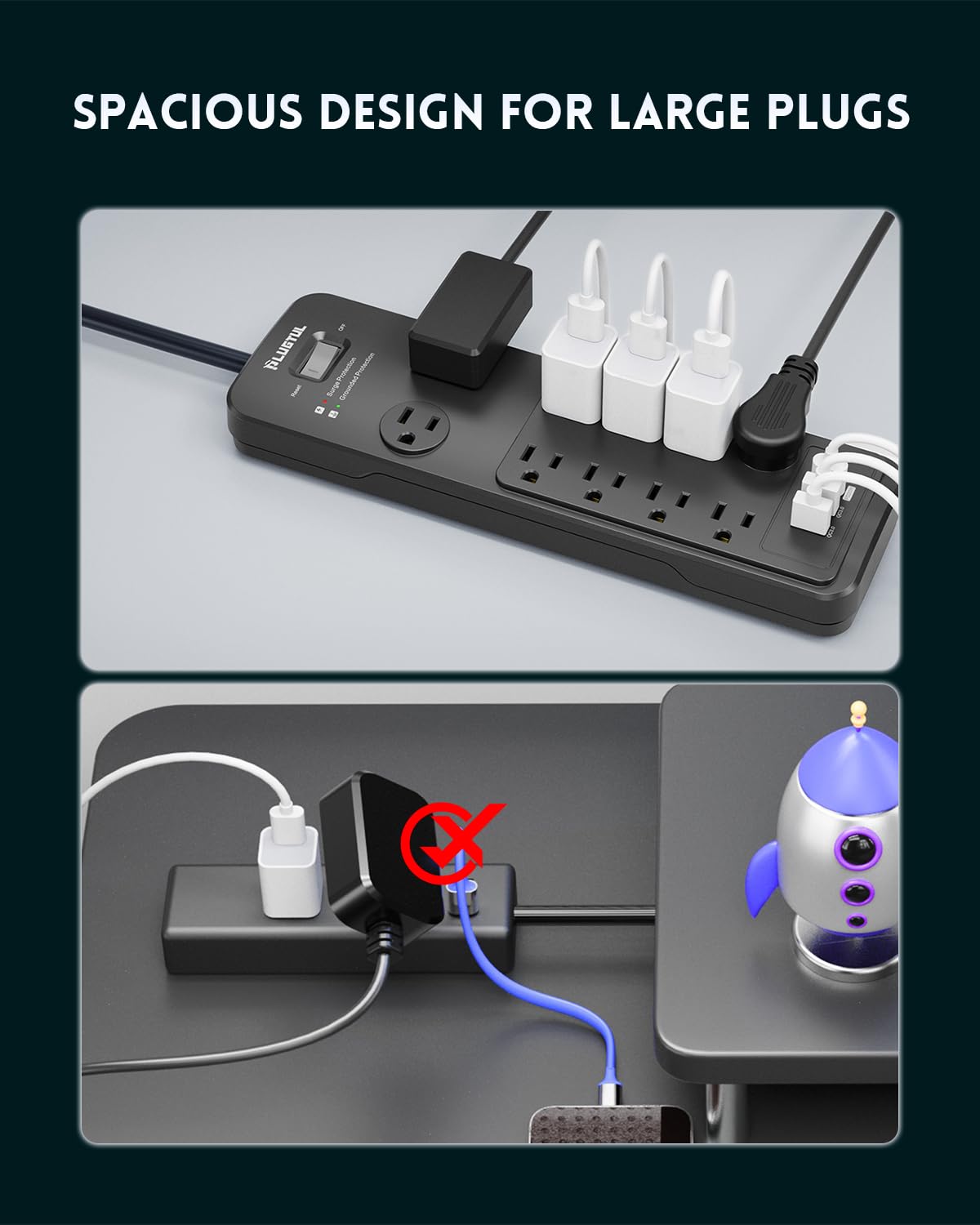 PLUGTUL on a home office desk powering monitors and laptop efficiently