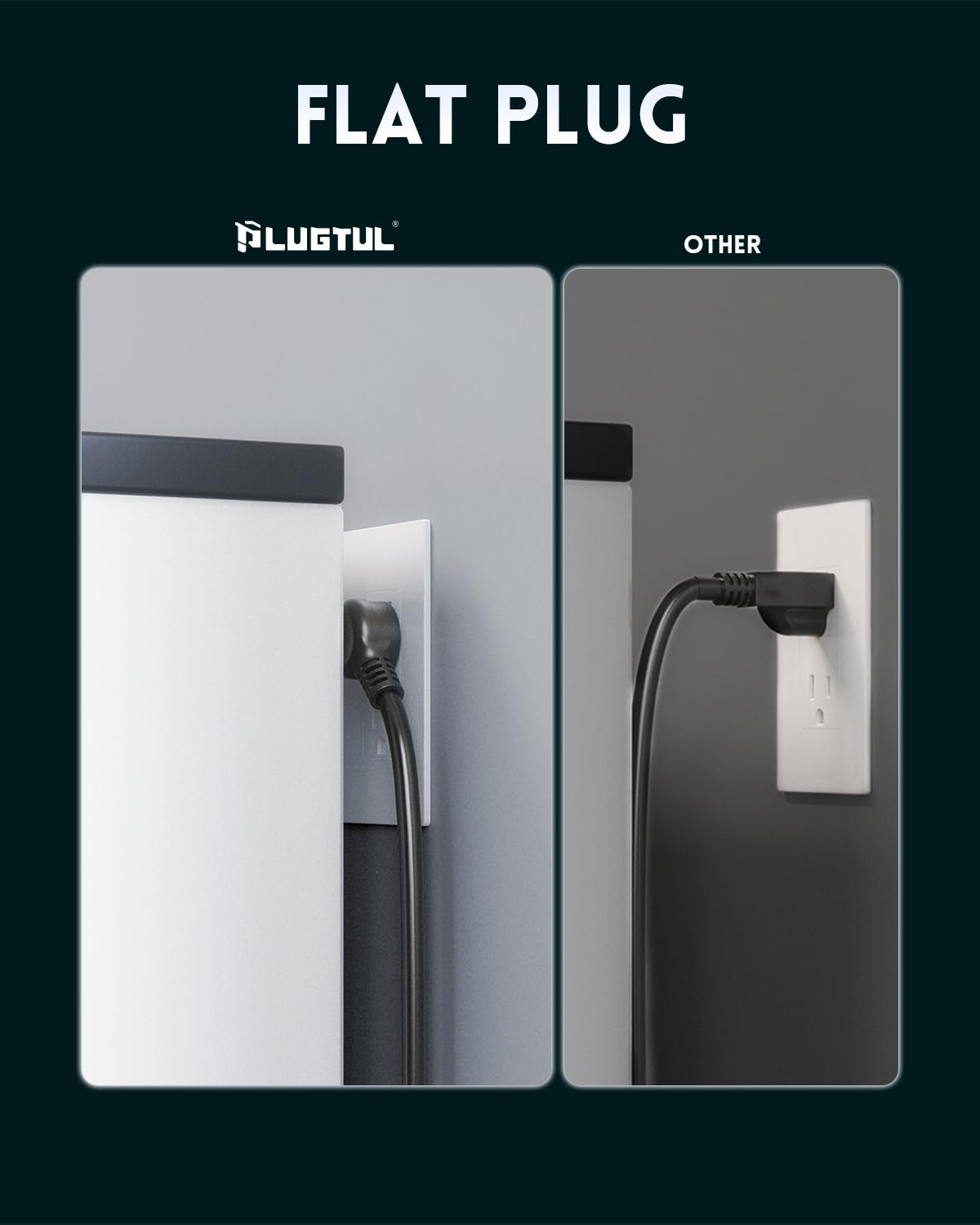 PLUGTUL size comparison with ruler, demonstrates long 20-foot cord reach