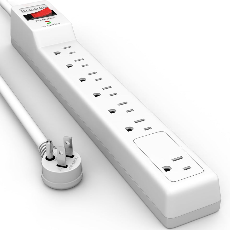 PLUGTUL surge protector with 12 ft cord securing multiple devices safely