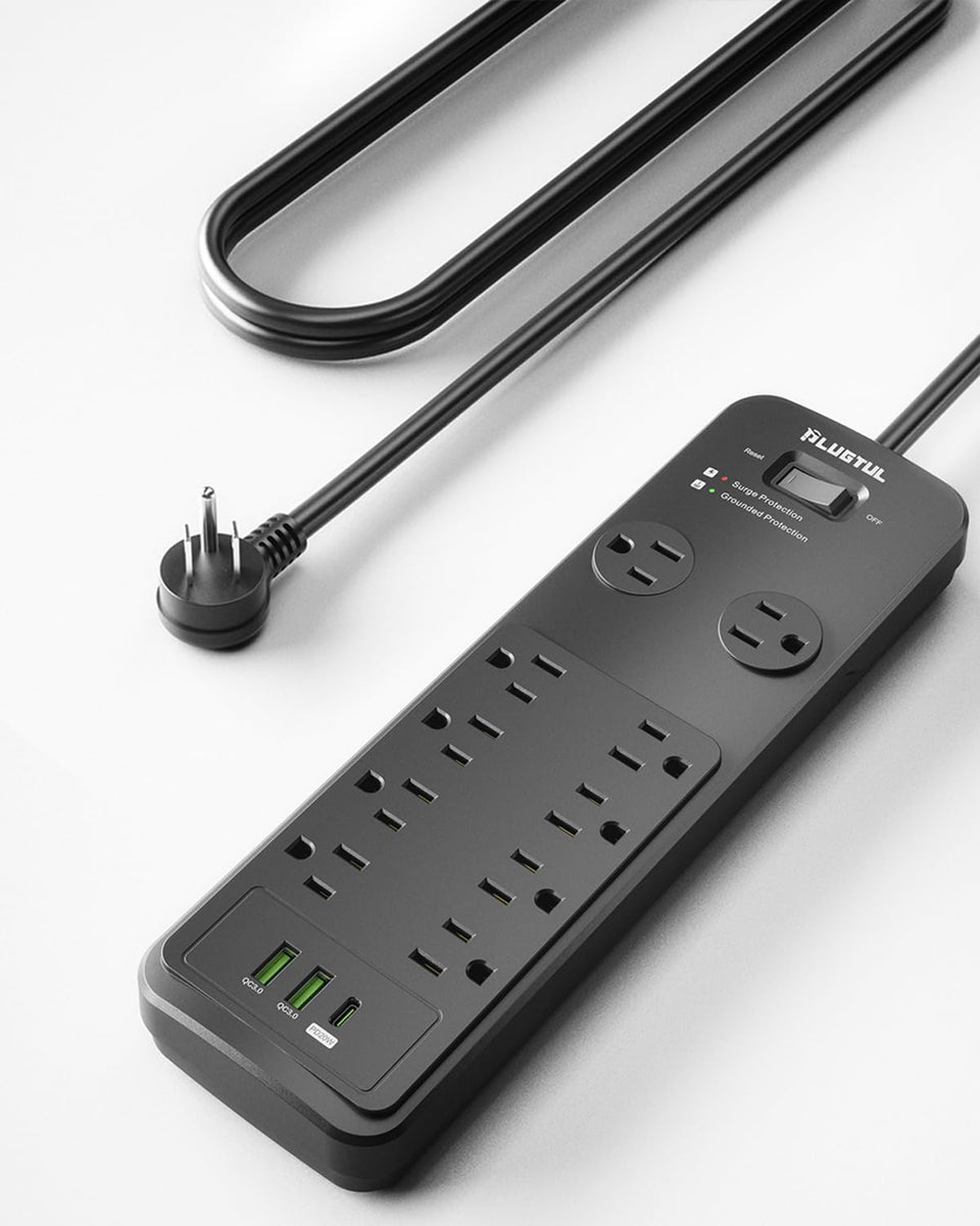 PLUGTUL surge protector with 20ft reach and wide outlets for oversized plugs.