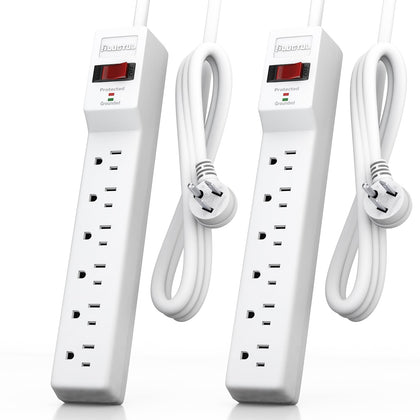 PLUGTUL surge protector with six outlets and 980J protection for a reliable home office.