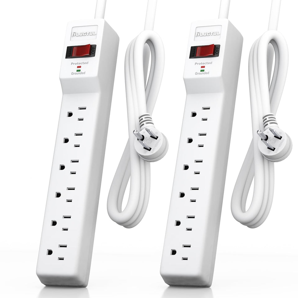 PLUGTUL surge protector with six outlets and 980J protection for a reliable home office.
