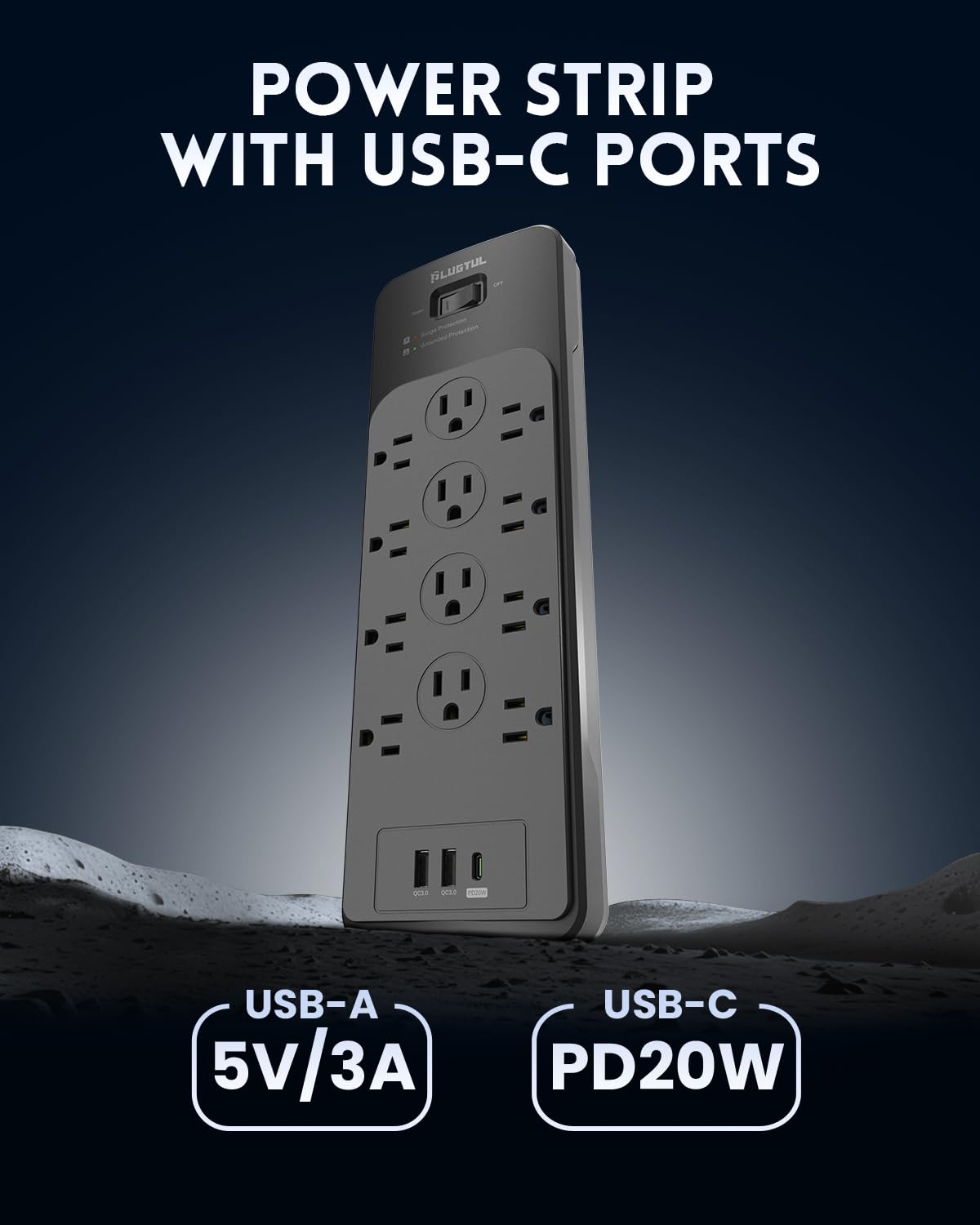 PLUGTUL USB ports detail with USB-C PD20W for faster device charging