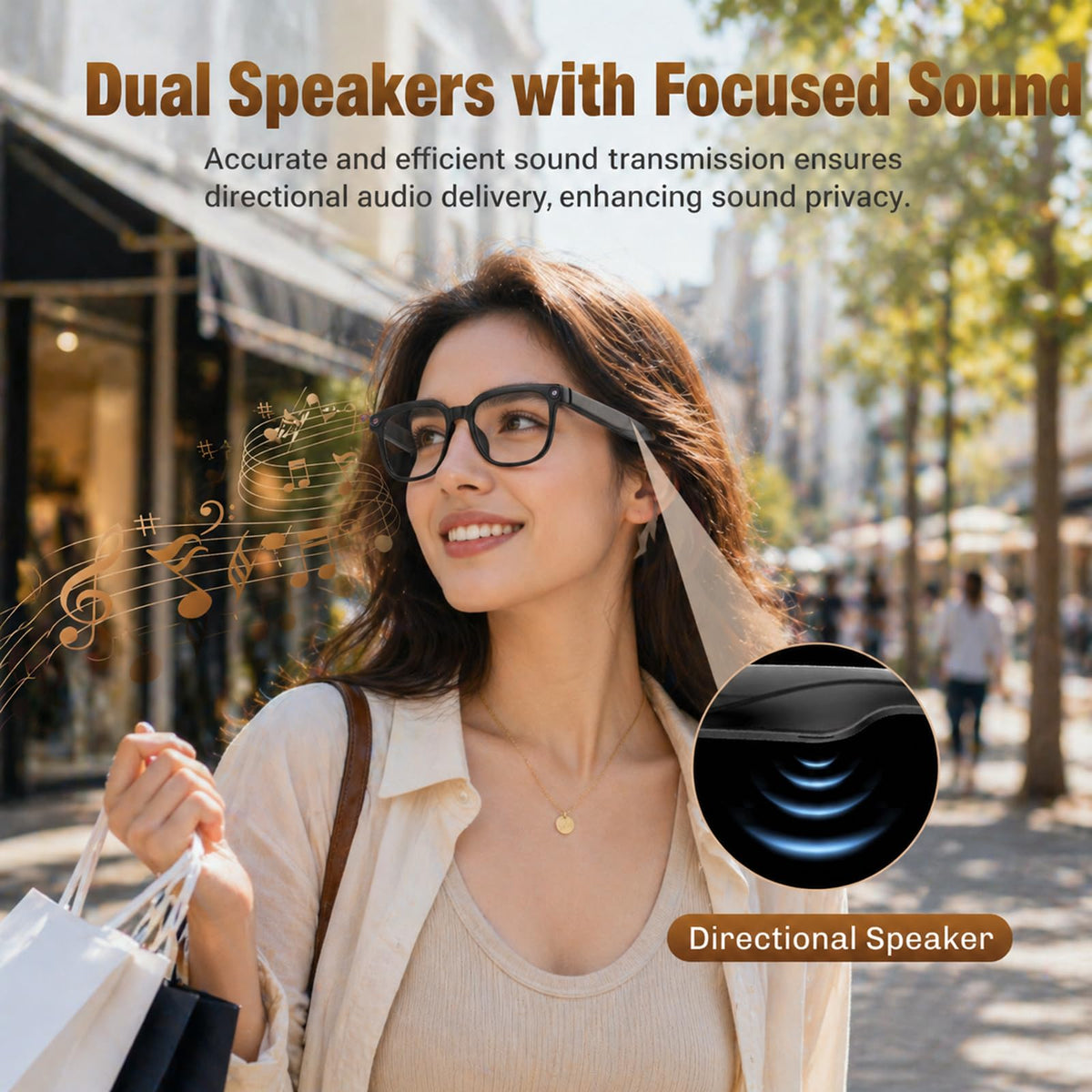 Plunthorn AI Smart Glasses open-ear audio keeps you aware while listening to music.