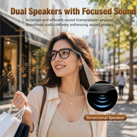 Plunthorn AI Smart Glasses open-ear audio keeps you aware while listening to music.
