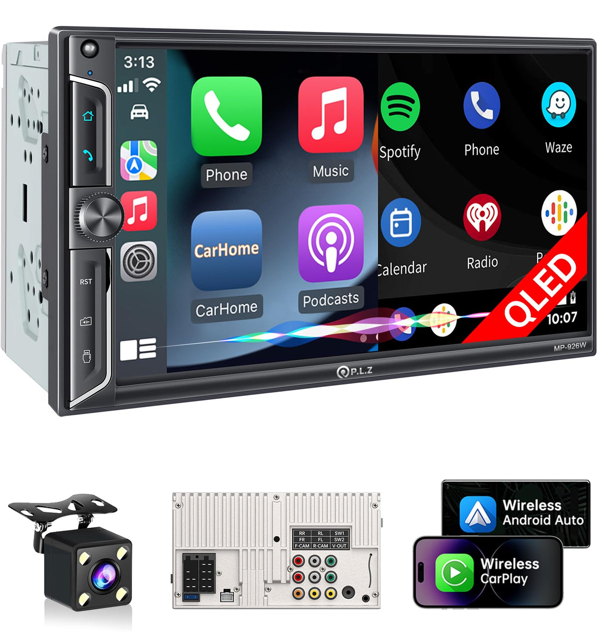 PLZ 7in wireless double din display showing vibrant visuals for navigation and media