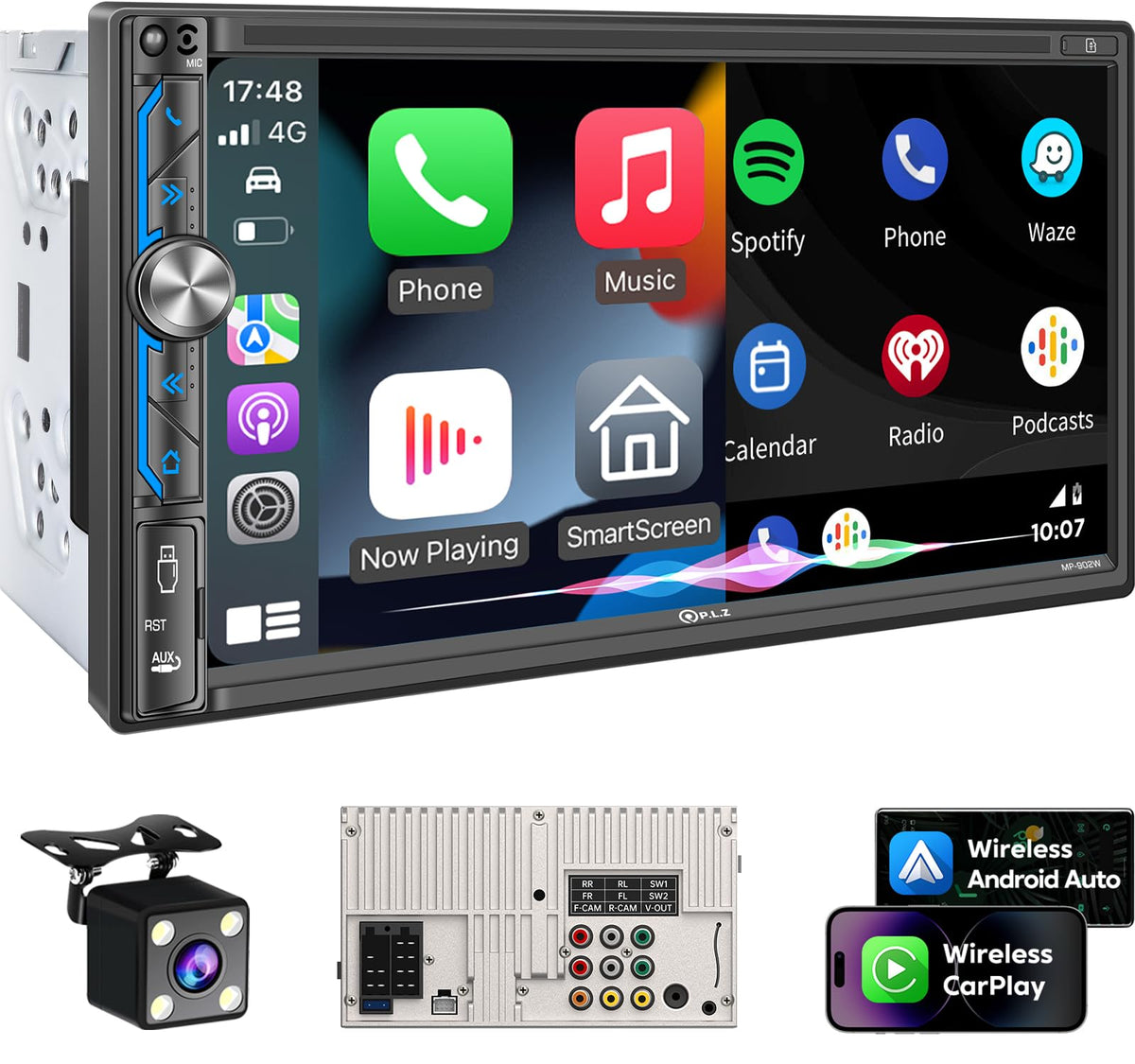 PLZ 7-inch wireless din car stereo with CarPlay for safer navigation.