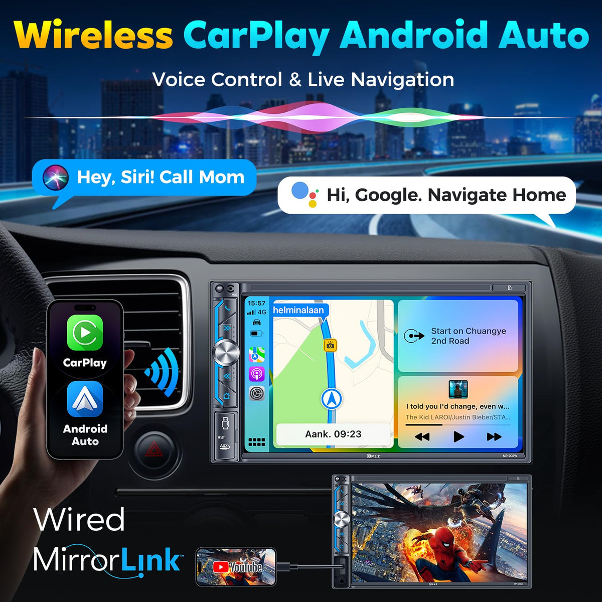 PLZ Apple CarPlay and Android Auto wireless setup for hands-free use.