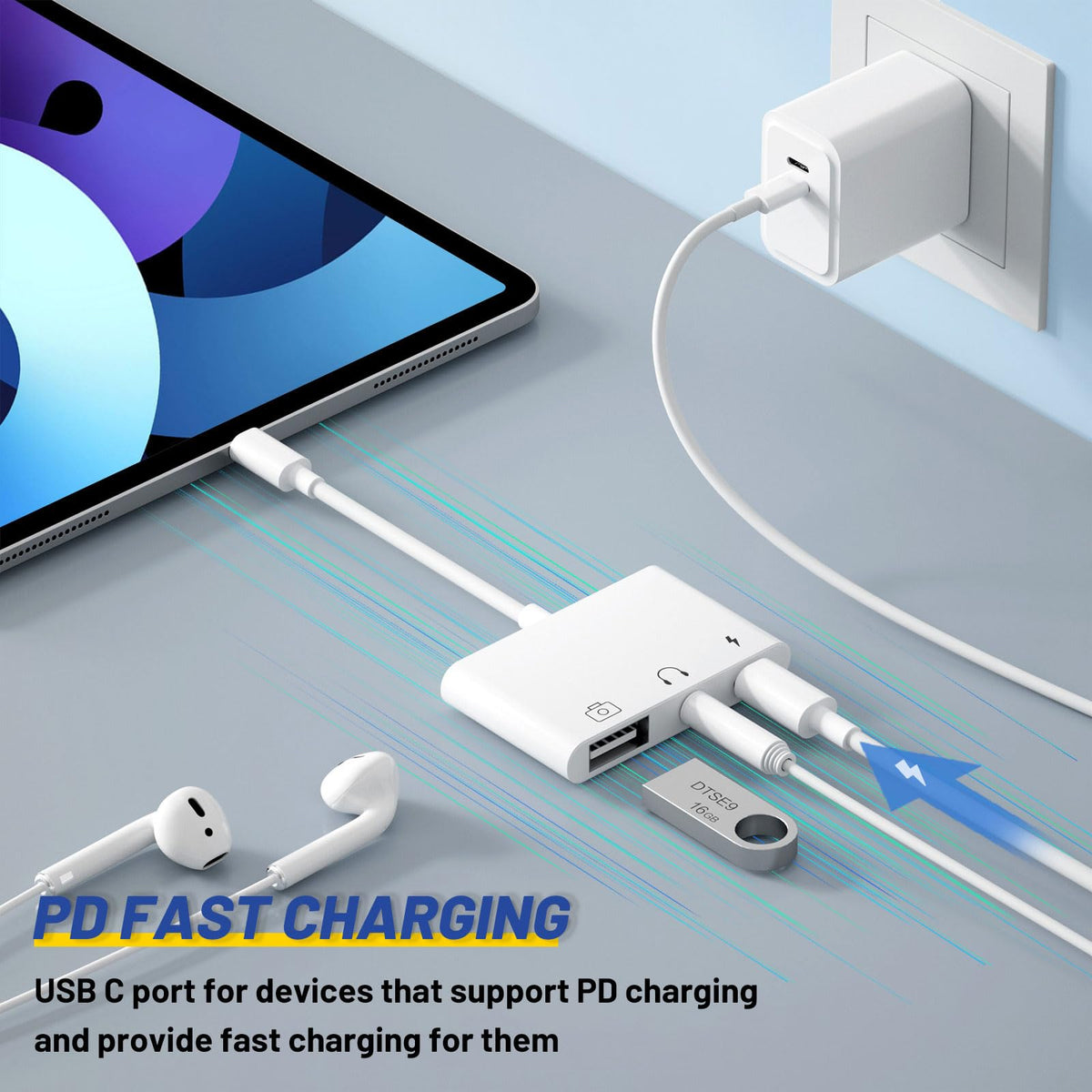 PNBACE adapter plugged into an iPad allowing charging, audio and USB peripherals simultaneously