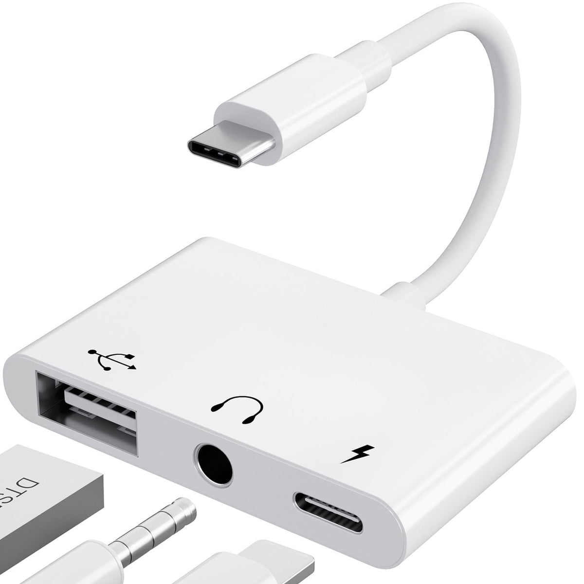 PNBACE front view of adapter showing USB-A, 3.5mm and USB-C ports for flexible connectivity