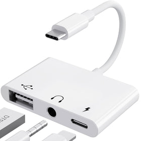 PNBACE front view of adapter showing USB-A, 3.5mm and USB-C ports for flexible connectivity