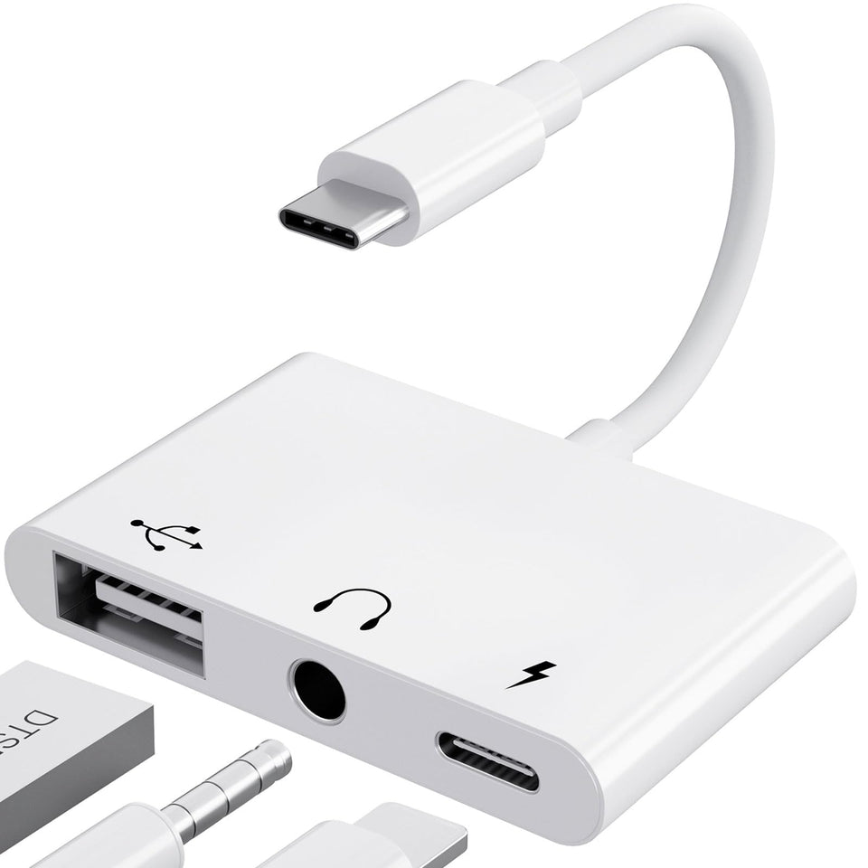 PNBACE front view of adapter showing USB-A, 3.5mm and USB-C ports for flexible connectivity