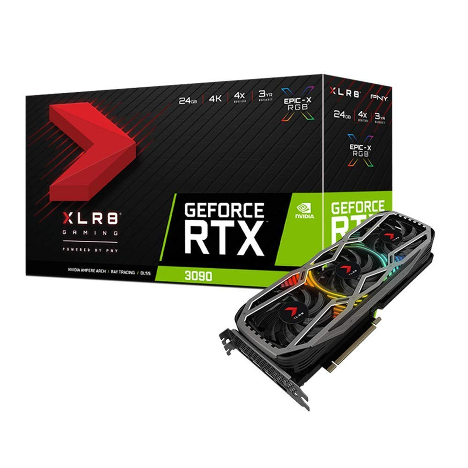 PNY RTX 3090 graphics card front view showing robust cooling for high end gaming