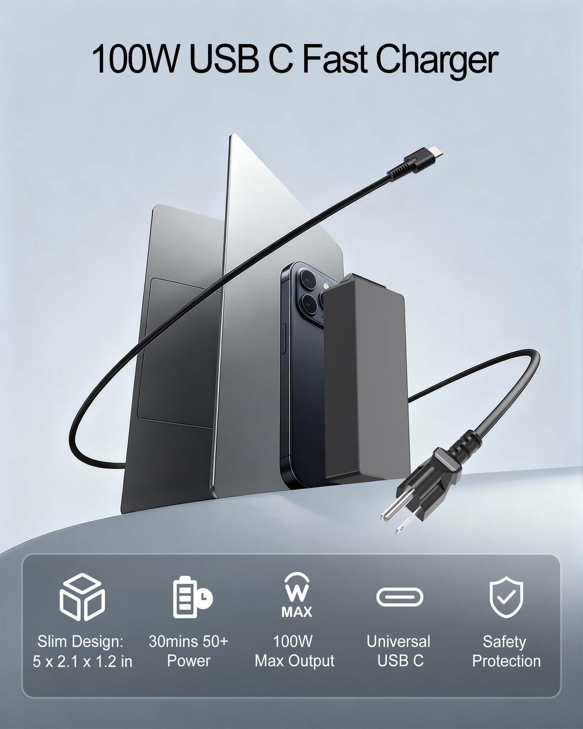 POANW charger side view with 8.8-foot cord for flexible placement