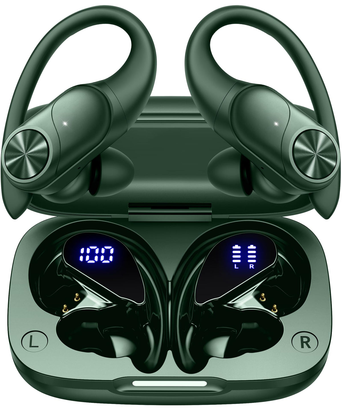 PocBuds front packaging showing olive earbuds and case, highlights features