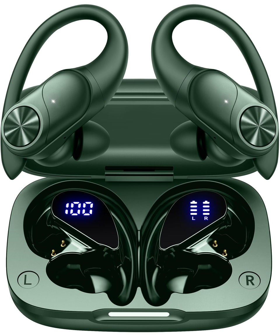 PocBuds front packaging showing olive earbuds and case, highlights features
