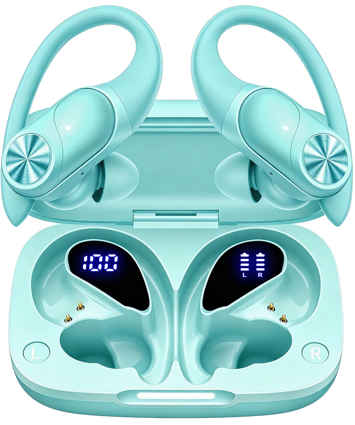 PocBuds mint green front packaging showing earbuds and case, highlights convenience